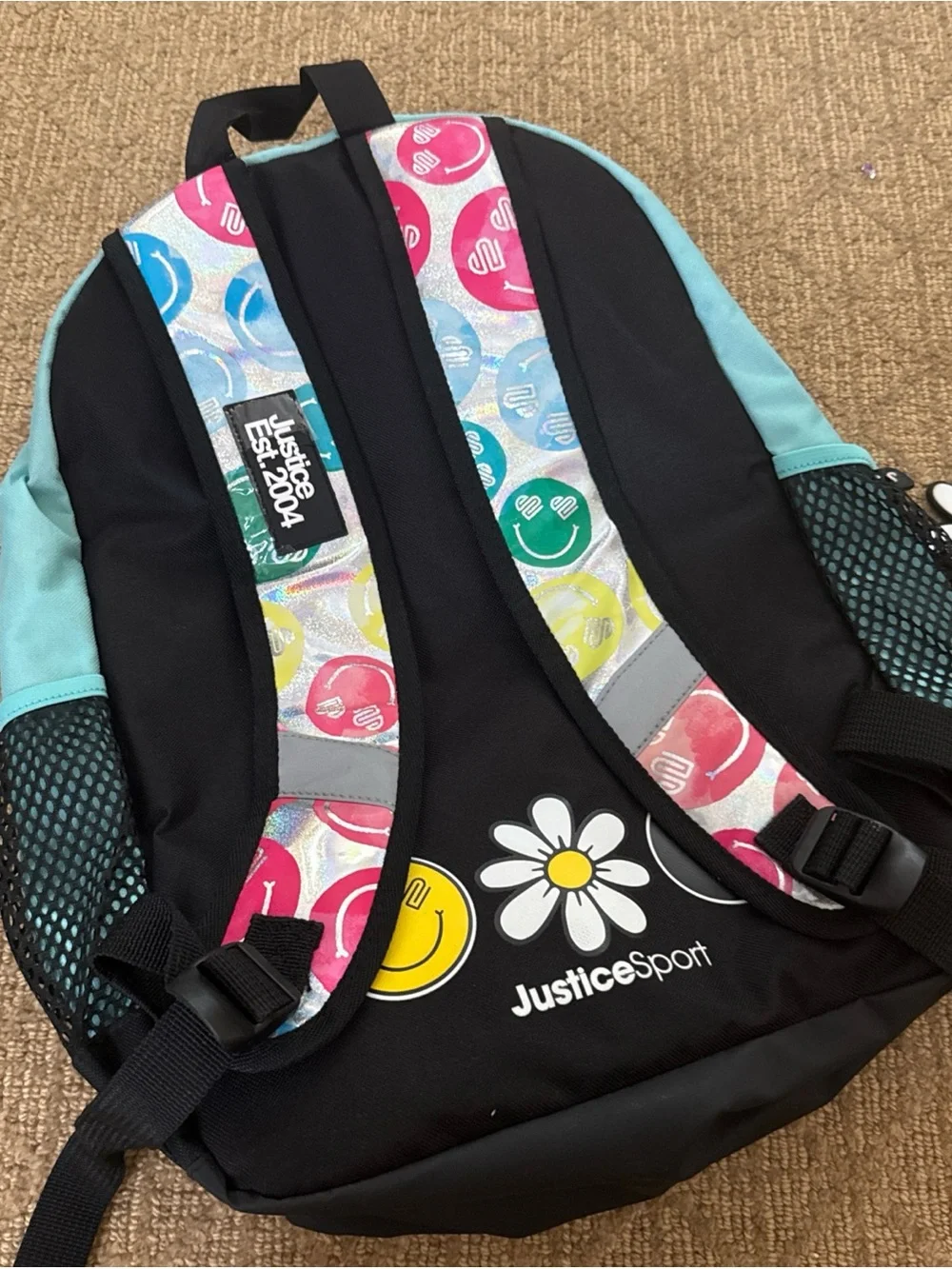 Justice Teal Backpack with Multicolor Smiley Front Pocket